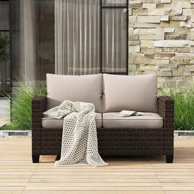 Main image of HERA'S HOUSE Outdoor Loveseat Patio Sofa, 2-Seat Wicker Couch with Waterproof Thick Cushions, Deep Seating Furniture for Garden Porch Backyard, Beige