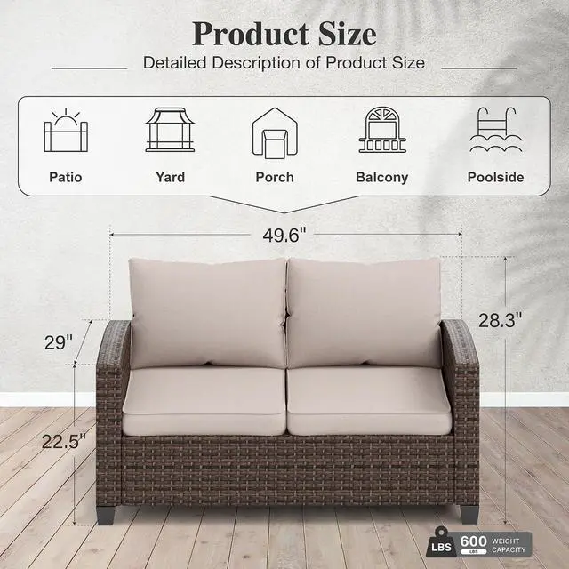Alt view image 2 of 6 - HERA'S HOUSE Outdoor Loveseat Patio Sofa, 2-Seat Wicker Couch with Waterproof Thick Cushions, Deep Seating Furniture for Garden Porch Backyard, Beige
