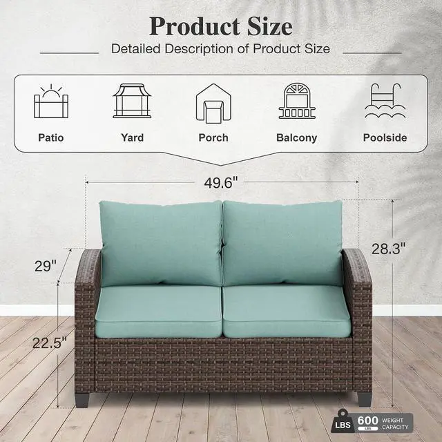 Alt view image 2 of 7 - HERA'S HOUSE Outdoor Loveseat Patio Sofa, 2-Seat Wicker Couch with 4" Waterproof Thick Cushions, Deep Seating Furniture for Garden Porch Backyard, Blue