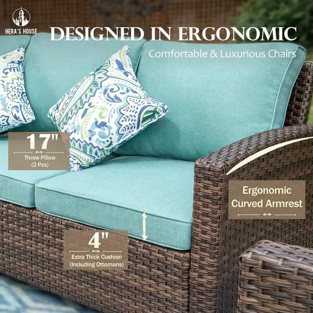 Alt view image 5 of 7 - HERA'S HOUSE Outdoor Loveseat Patio Sofa, 2-Seat Wicker Couch with 4" Waterproof Thick Cushions, Deep Seating Furniture for Garden Porch Backyard, Blue