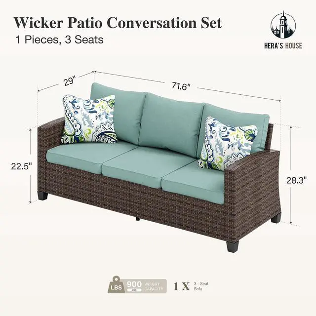 Alt view image 2 of 7 - HERA'S HOUSE Outdoor Patio Sofa, 3-Seat Wicker Couch Loveseat, Deep Seating Furniture for Lawn Garden Porch Backyard, Blue