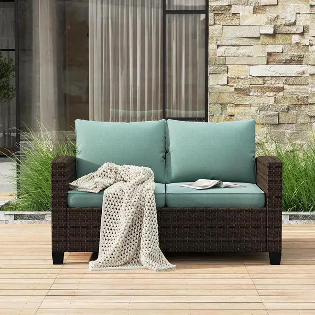 Alt view image 7 of 7 - HERA'S HOUSE Outdoor Loveseat Patio Sofa, 2-Seat Wicker Couch with 4" Waterproof Thick Cushions, Deep Seating Furniture for Garden Porch Backyard, Blue