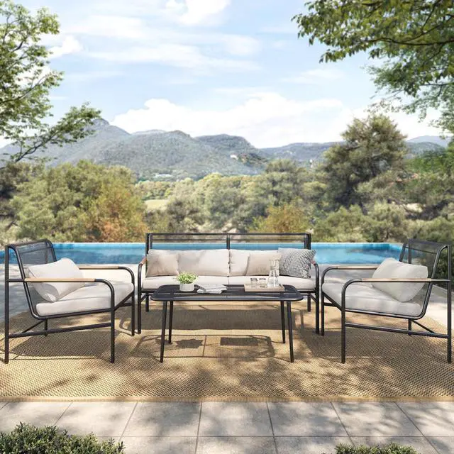 Main image of HERA'S HOUSE 4-Piece Patio Conversation Set, Black | Coffee Table, All-Weather, For Garden, Deck, Backyard