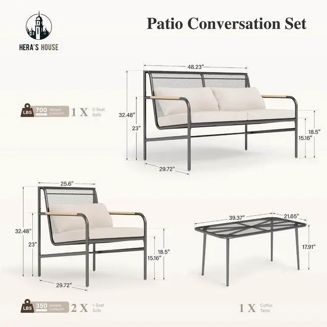 Alt view image 2 of 7 - HERA'S HOUSE 4-Piece Patio Conversation Set, Black | Coffee Table, All-Weather, For Garden, Deck, Backyard