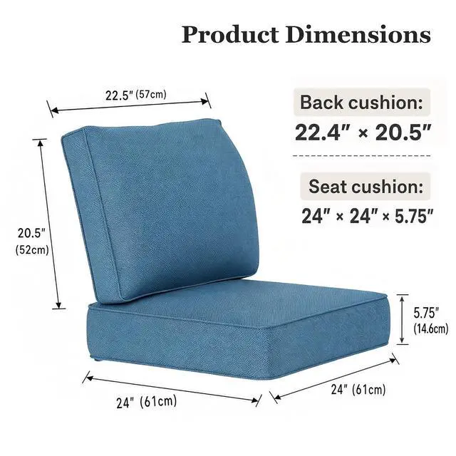Alt view image 7 of 7 - Outdoor Chair Cushion Set of 2, 24x24 Deep Seat Patio Cushions for Outdoor Furniture, Replacement Seat and Back Cushion Set with 5.75" Thick High-Density Foam, Waterproof Oil Stain Resistant Fabric