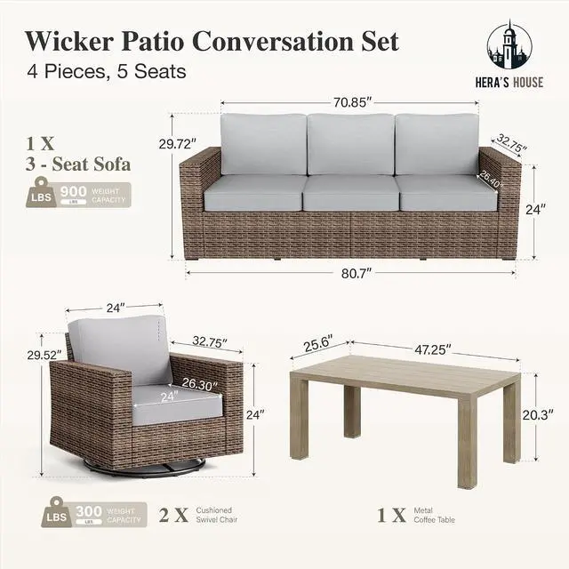 Alt view image 5 of 7 - HERA'S HOUSE 4-Piece Patio Furniture Set with Wide Arm, Grey | Outdoor Swivel Glide Chair +5.5 Washable Thick Cushions. All-Weather Yellow Wicker Conversation Sofa. for Deck Lawn &Garden