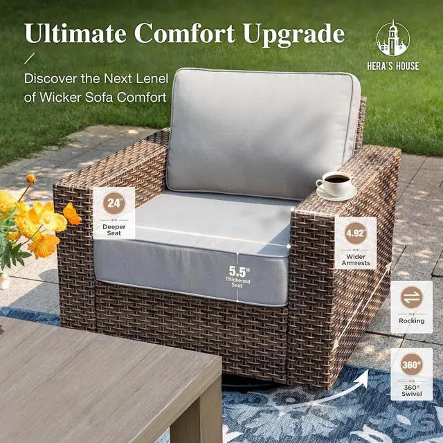 Alt view image 2 of 7 - HERA'S HOUSE 6-Piece Patio Furniture Set with Wide Arm, Grey | Outdoor Swivel Glide Chair +5.5 Washable Thick Cushions. All-Weather Yellow Wicker Conversation Sofa. for Deck Lawn &Garden