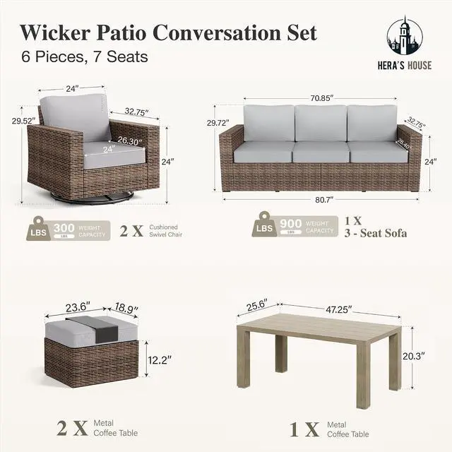 Alt view image 6 of 7 - HERA'S HOUSE 6-Piece Patio Furniture Set with Wide Arm, Grey | Outdoor Swivel Glide Chair +5.5 Washable Thick Cushions. All-Weather Yellow Wicker Conversation Sofa. for Deck Lawn &Garden