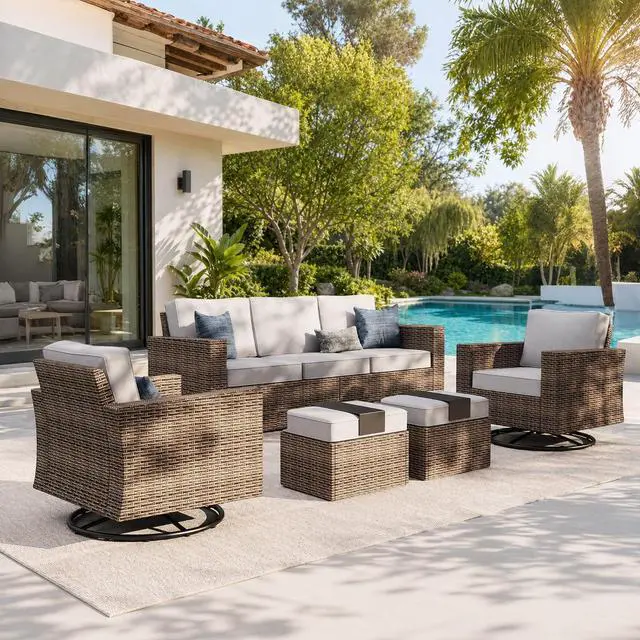 Main image of HERA'S HOUSE 5-Piece Patio Furniture Set with Wide Arm, Grey | Outdoor Swivel Glide Chair +5.5 Washable Thick Cushions. All-Weather Yellow Wicker Conversation Sofa. for Deck Lawn &Garden