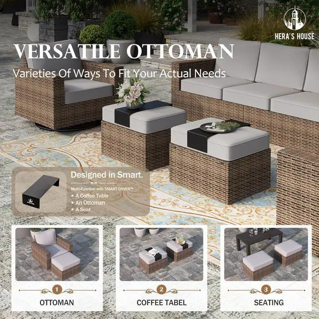 Alt view image 4 of 7 - HERA'S HOUSE 6-Piece Patio Furniture Set with Wide Arm, Grey | Outdoor Swivel Glide Chair +5.5 Washable Thick Cushions. All-Weather Yellow Wicker Conversation Sofa. for Deck Lawn &Garden