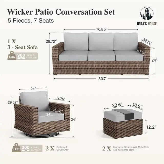 Alt view image 6 of 7 - HERA'S HOUSE 5-Piece Patio Furniture Set with Wide Arm, Grey | Outdoor Swivel Glide Chair +5.5 Washable Thick Cushions. All-Weather Yellow Wicker Conversation Sofa. for Deck Lawn &Garden