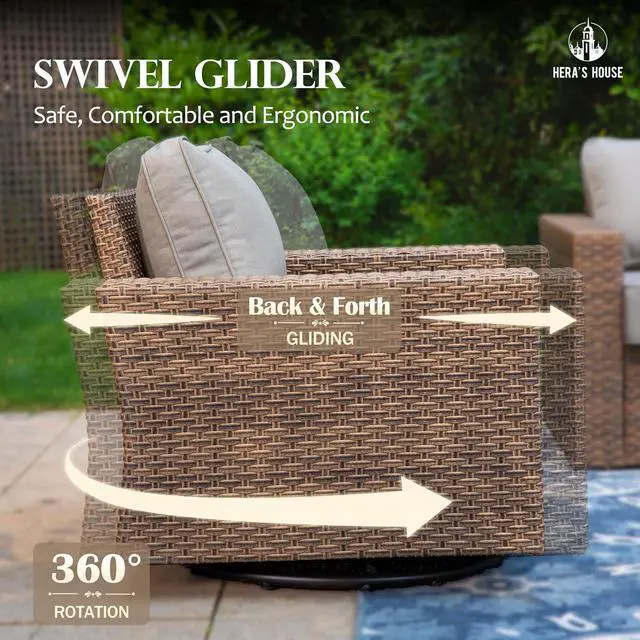 Alt view image 3 of 7 - HERA'S HOUSE 4-Piece Patio Furniture Set with Wide Arm, Grey | Outdoor Swivel Glide Chair +5.5 Washable Thick Cushions. All-Weather Yellow Wicker Conversation Sofa. for Deck Lawn &Garden