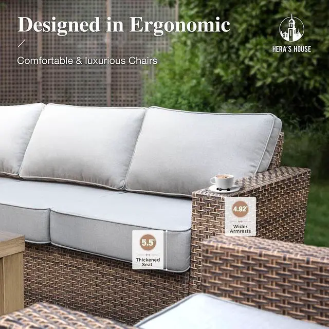 Alt view image 3 of 7 - HERA'S HOUSE 7-Seat Patio Furniture Set with Wide Arm, Grey | Outdoor Swivel Glide Chair +5.5 Washable Thick Cushions. All-Weather Yellow Wicker Conversation Sofa. for Deck Lawn &Garden