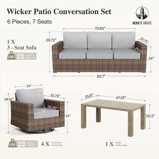 Alt view image 6 of 7 - HERA'S HOUSE 7-Seat Patio Furniture Set with Wide Arm, Grey | Outdoor Swivel Glide Chair +5.5 Washable Thick Cushions. All-Weather Yellow Wicker Conversation Sofa. for Deck Lawn &Garden