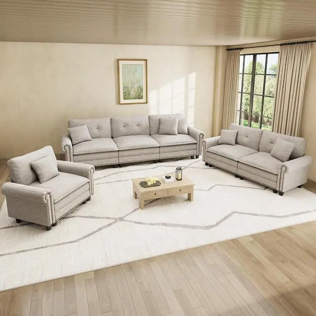 Main image of HERA'S HOUSE Modular Sectional Sofa Set for Living Room 3-Piece Deep Seats | Mid-Century Modern 6-Seater Cloud Sofa Set, Light Grey, Rolled Arms & Nailhead Trim, Wider Seats, Soft Linen Furniture Set