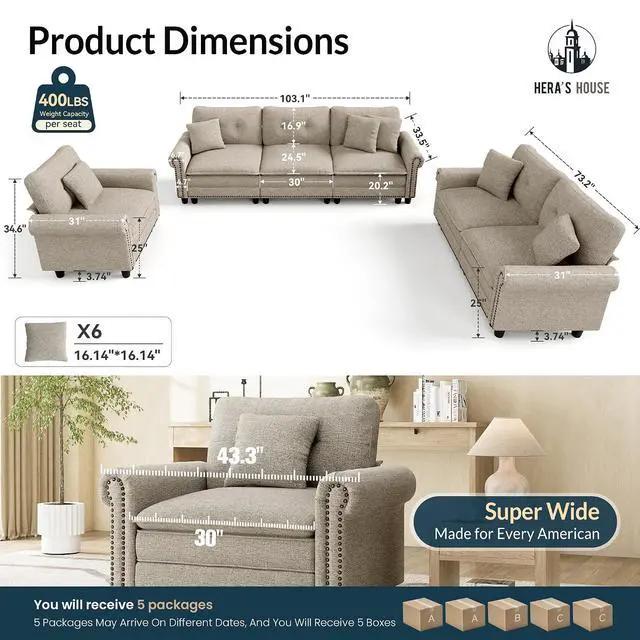 Alt view image 3 of 7 - HERA'S HOUSE Modular Sectional Sofa Set for Living Room 3-Piece Deep Seats | Mid-Century Modern 6-Seater Cloud Sofa Set, Light Grey, Rolled Arms & Nailhead Trim, Wider Seats, Soft Linen Furniture Set