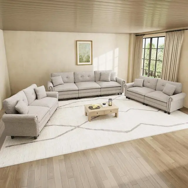 Main image of HERA'S HOUSE Modular Sectional Sofa and Loveseat Set Living Room 3-Piece | Mid-Century Modern 7-Seater Cloud Sofa Set, Light Grey, Rolled Arms & Nailhead Trim, Wider Seats, Soft Linen Furniture Set