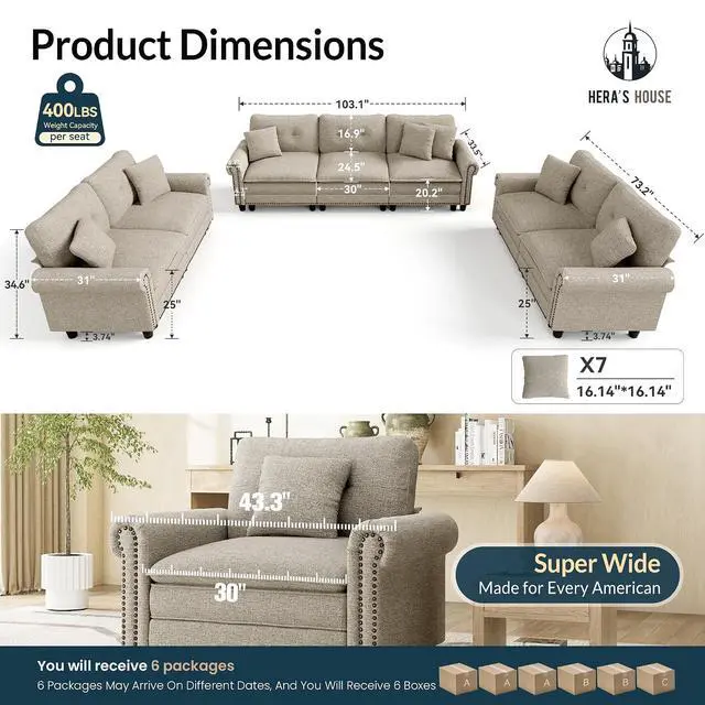 Alt view image 3 of 7 - HERA'S HOUSE Modular Sectional Sofa and Loveseat Set Living Room 3-Piece | Mid-Century Modern 7-Seater Cloud Sofa Set, Light Grey, Rolled Arms & Nailhead Trim, Wider Seats, Soft Linen Furniture Set