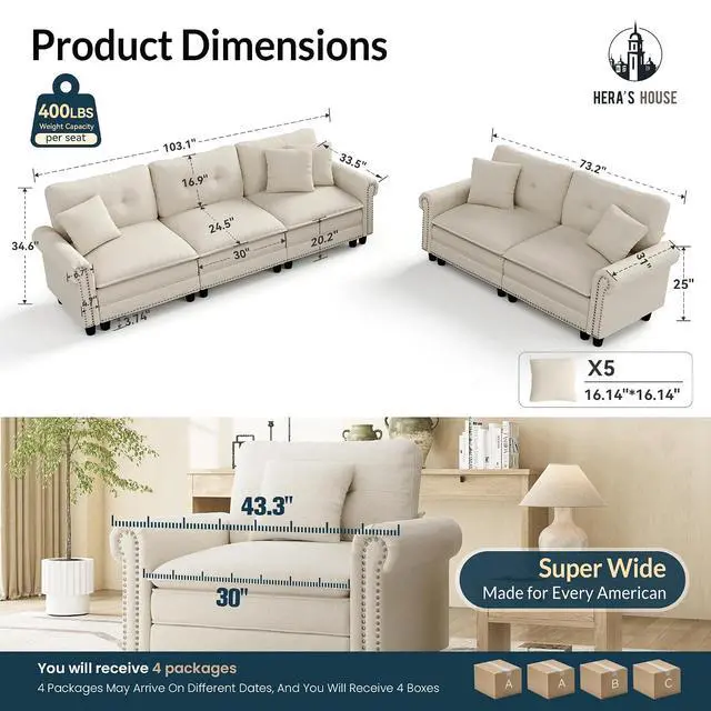 Alt view image 2 of 7 - HERA'S HOUSE Modular Sectional Sofa Set for Living Room 2-Piece Deep Seats | Mid-Century Modern 5-Seater Cloud Sofa Set, Beige, Rolled Arms & Nailhead Trim, Wider & Deeper Seats, Linen Furniture Set
