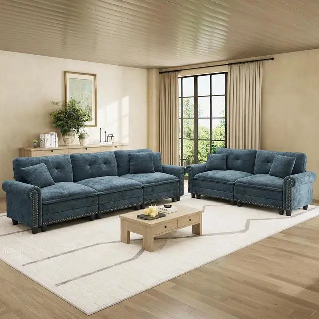 Main image of HERA'S HOUSE Modular Sectional Sofa Set for Living Room 2-Piece Deep Seats | Mid-Century Modern 5-Seater Cloud Sofa Set, Cyan, Rolled Arms & Nailhead Trim, Wider & Deeper Seats, Chenille Furniture Set