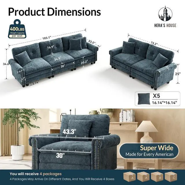 Alt view image 2 of 7 - HERA'S HOUSE Modular Sectional Sofa Set for Living Room 2-Piece Deep Seats | Mid-Century Modern 5-Seater Cloud Sofa Set, Cyan, Rolled Arms & Nailhead Trim, Wider & Deeper Seats, Chenille Furniture Set