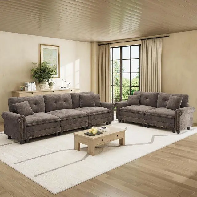 Main image of HERA'S HOUSE Modular Sectional Sofa Set for Living Room 2-Piece Deep Seats | Mid-Century Modern 5-Seater Cloud Sofa Set, Grayish Brown, Rolled Arms & Nailhead Trim, Wider Seats, Chenille Furniture Set