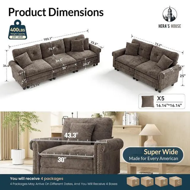 Alt view image 2 of 7 - HERA'S HOUSE Modular Sectional Sofa Set for Living Room 2-Piece Deep Seats | Mid-Century Modern 5-Seater Cloud Sofa Set, Grayish Brown, Rolled Arms & Nailhead Trim, Wider Seats, Chenille Furniture Set