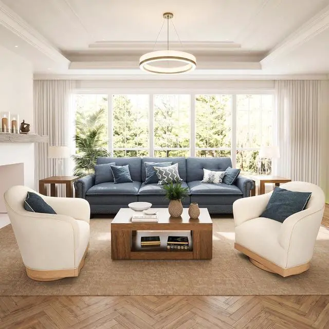 Main image of HERA'S HOUSE 2-Piece Living Room Set - 3-Seat Sofa with 2 Swivel Chairs | Mid-Century Modern Cloud Couch & Accent Chair Set, Linen Blue Couch & Corduroy Beige Chairs, Rolled Arms & Nailhead Trim