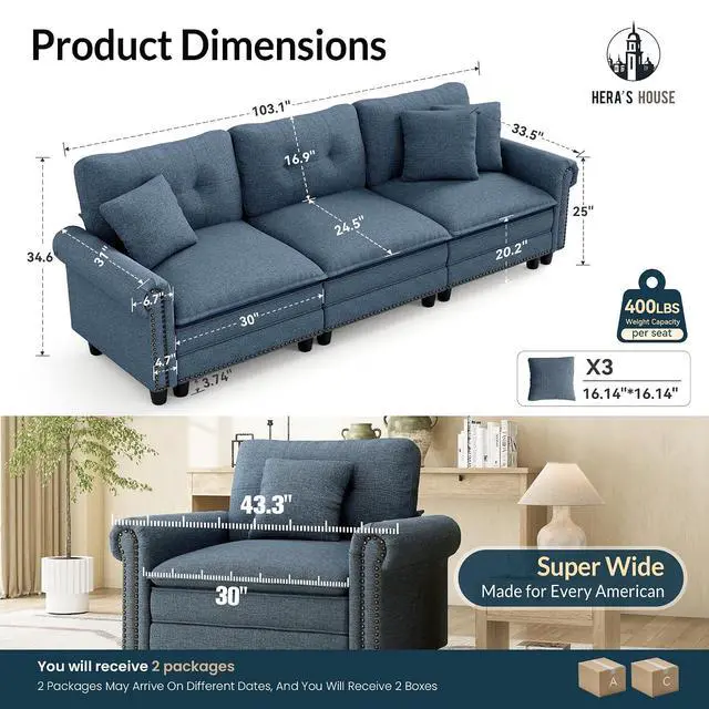 Alt view image 2 of 7 - HERA'S HOUSE 103.1" Modular Sectional Couch for Living Room Deep Seats | Mid-Century Modern 3-Seater Cloud Sofa, Blue, Rolled Arms & Nailhead Trim, Wider & Deeper Seats, Soft Linen