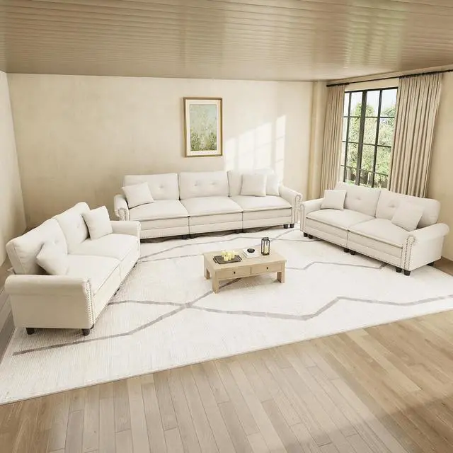 Main image of HERA'S HOUSE Modular Sectional Sofa and Loveseat Set Living Room 3-Piece | Mid-Century Modern 7-Seater Cloud Sofa Set, Beige, Rolled Arms & Nailhead Trim, Wider & Deeper Seats, Linen Furniture Set