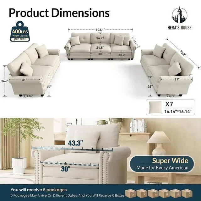 Alt view image 2 of 7 - HERA'S HOUSE Modular Sectional Sofa and Loveseat Set Living Room 3-Piece | Mid-Century Modern 7-Seater Cloud Sofa Set, Beige, Rolled Arms & Nailhead Trim, Wider & Deeper Seats, Linen Furniture Set