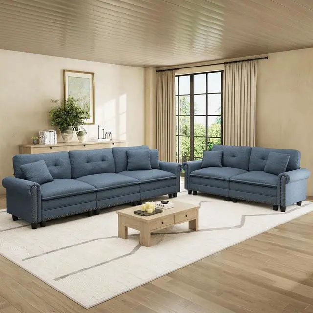 Main image of HERA'S HOUSE Modular Sectional Sofa Set for Living Room 2-Piece Deep Seats | Mid-Century Modern 5-Seater Cloud Sofa Set, Blue, Rolled Arms & Nailhead Trim, Wider & Deeper Seats, Linen Furniture Set