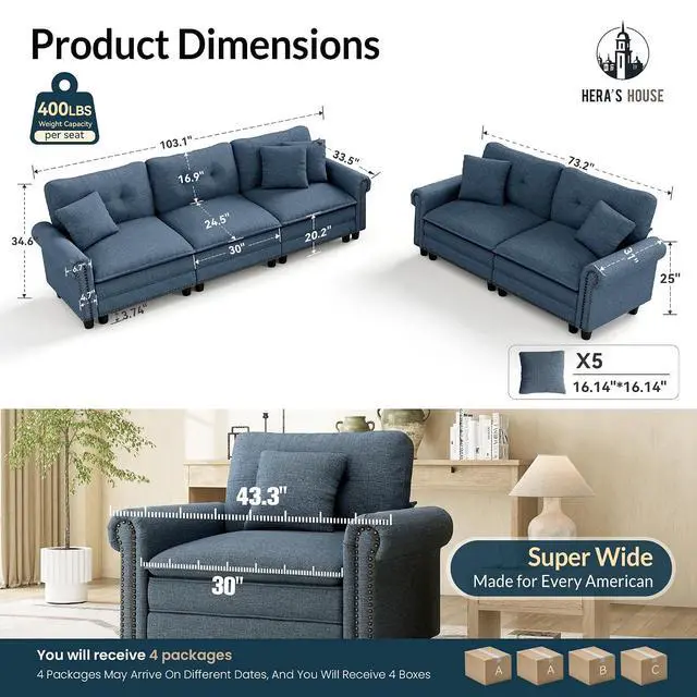 Alt view image 2 of 7 - HERA'S HOUSE Modular Sectional Sofa Set for Living Room 2-Piece Deep Seats | Mid-Century Modern 5-Seater Cloud Sofa Set, Blue, Rolled Arms & Nailhead Trim, Wider & Deeper Seats, Linen Furniture Set