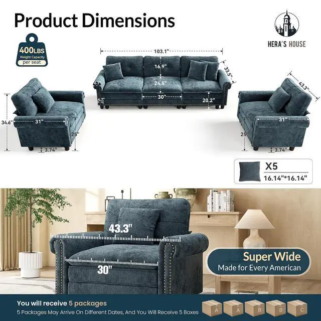 Alt view image 2 of 7 - HERA'S HOUSE Modular Sectional Sofa and Chair Set for Living Room 3-Piece | Mid-Century Modern 5-Seater Cloud Sofa Set, Cyan, Rolled Arms & Nailhead Trim, Wider & Deeper Seats, Chenille Furniture Set