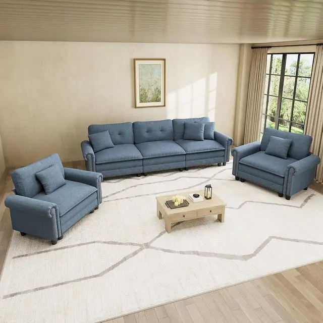 Main image of HERA'S HOUSE Modular Sectional Sofa and Chair Set for Living Room 3-Piece | Mid-Century Modern 5-Seater Cloud Sofa Set, Blue, Rolled Arms & Nailhead Trim, Wider & Deeper Seats, Linen Furniture Set