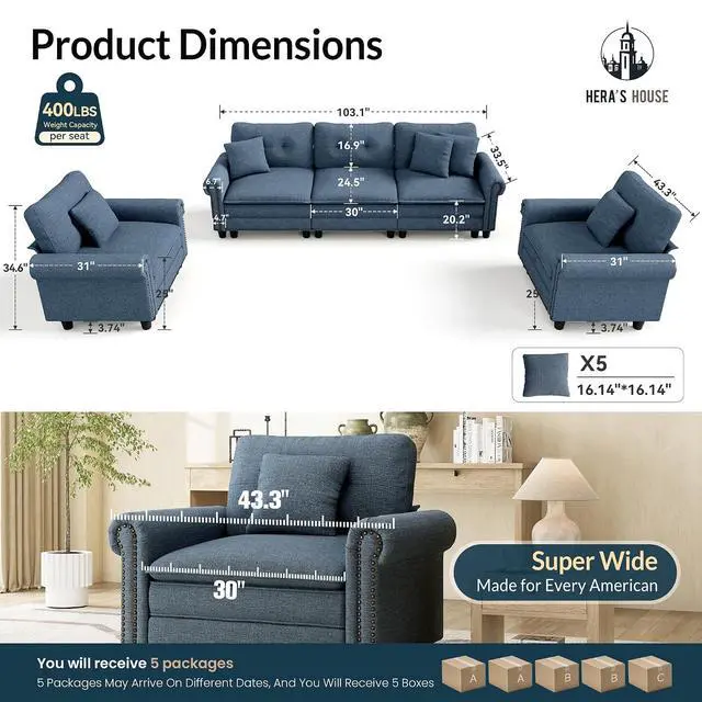 Alt view image 2 of 7 - HERA'S HOUSE Modular Sectional Sofa and Chair Set for Living Room 3-Piece | Mid-Century Modern 5-Seater Cloud Sofa Set, Blue, Rolled Arms & Nailhead Trim, Wider & Deeper Seats, Linen Furniture Set