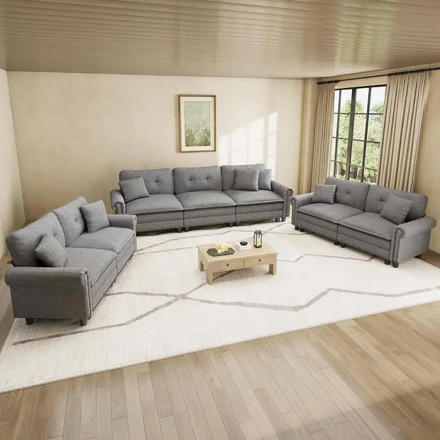 Main image of HERA'S HOUSE Modular Sectional Sofa and Loveseat Set Living Room 3-Piece | Mid-Century Modern 7-Seater Cloud Sofa Set, Dark Grey, Rolled Arms & Nailhead Trim, Wider Seats, Soft Linen Furniture Set