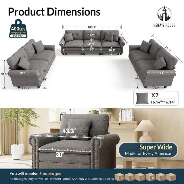 Alt view image 2 of 7 - HERA'S HOUSE Modular Sectional Sofa and Loveseat Set Living Room 3-Piece | Mid-Century Modern 7-Seater Cloud Sofa Set, Dark Grey, Rolled Arms & Nailhead Trim, Wider Seats, Soft Linen Furniture Set