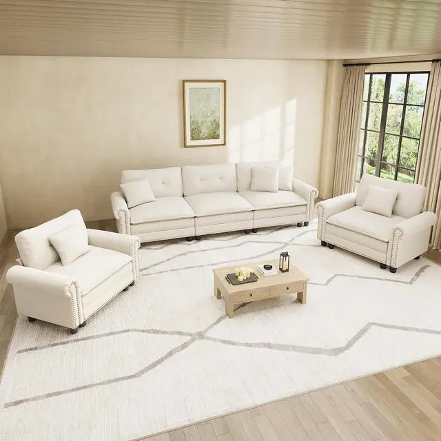 Main image of HERA'S HOUSE Modular Sectional Sofa and Chair Set for Living Room 3-Piece | Mid-Century Modern 5-Seater Cloud Sofa Set, Beige, Rolled Arms & Nailhead Trim, Wider & Deeper Seats, Linen Furniture Set