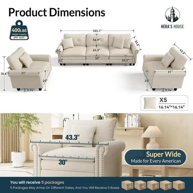 Alt view image 2 of 7 - HERA'S HOUSE Modular Sectional Sofa and Chair Set for Living Room 3-Piece | Mid-Century Modern 5-Seater Cloud Sofa Set, Beige, Rolled Arms & Nailhead Trim, Wider & Deeper Seats, Linen Furniture Set