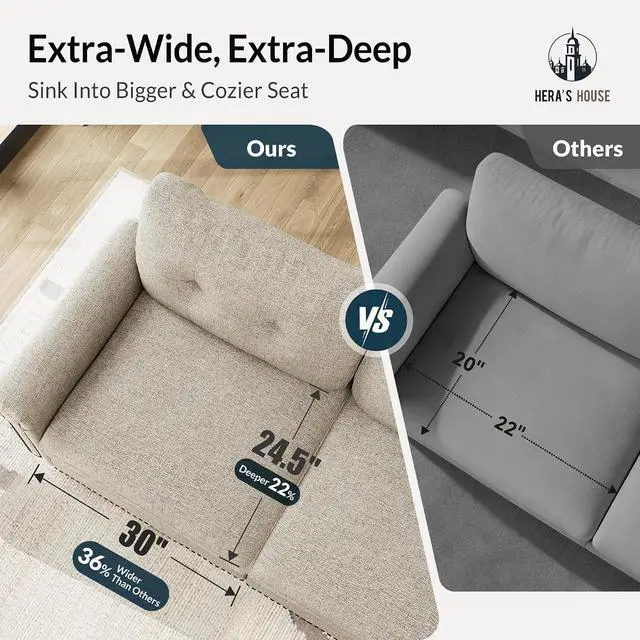 Alt view image 2 of 7 - HERA'S HOUSE Modular Sectional Sofa Set for Living Room 3-Piece Deep Seats | Mid-Century Modern 6-Seater Cloud Sofa Set, Light Grey, Rolled Arms & Nailhead Trim, Wider Seats, Soft Linen Furniture Set