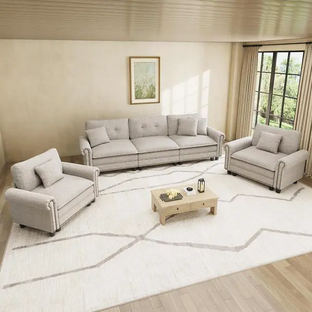 Main image of HERA'S HOUSE Modular Sectional Sofa and Chair Set for Living Room 3-Piece | Mid-Century Modern 5-Seater Cloud Sofa Set, Light Grey, Rolled Arms & Nailhead Trim, Wider Seats, Soft Linen Furniture Set
