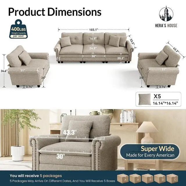 Alt view image 3 of 7 - HERA'S HOUSE Modular Sectional Sofa and Chair Set for Living Room 3-Piece | Mid-Century Modern 5-Seater Cloud Sofa Set, Light Grey, Rolled Arms & Nailhead Trim, Wider Seats, Soft Linen Furniture Set