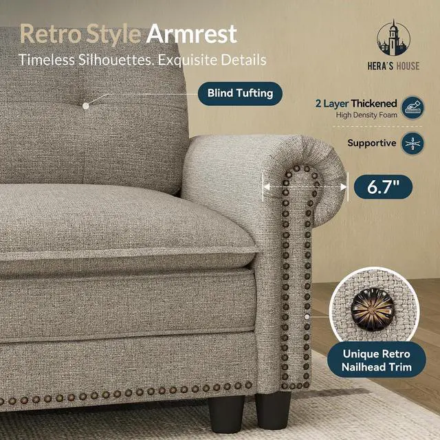 Alt view image 6 of 7 - HERA'S HOUSE Modular Sectional Sofa Set for Living Room 3-Piece Deep Seats | Mid-Century Modern 6-Seater Cloud Sofa Set, Light Grey, Rolled Arms & Nailhead Trim, Wider Seats, Soft Linen Furniture Set