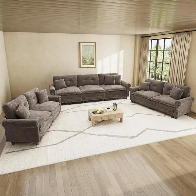 Main image of HERA'S HOUSE Modular Sectional Sofa and Loveseat Set Living Room 3-Piece | Mid-Century Modern 7-Seater Cloud Sofa Set, Grayish Brown, Rolled Arms & Nailhead Trim, Wider Seats, Chenille Furniture Set