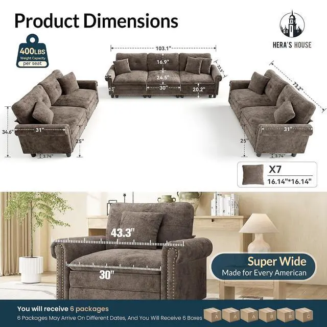 Alt view image 2 of 7 - HERA'S HOUSE Modular Sectional Sofa and Loveseat Set Living Room 3-Piece | Mid-Century Modern 7-Seater Cloud Sofa Set, Grayish Brown, Rolled Arms & Nailhead Trim, Wider Seats, Chenille Furniture Set