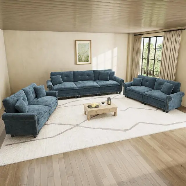 Main image of HERA'S HOUSE Modular Sectional Sofa and Loveseat Set Living Room 3-Piece | Mid-Century Modern 7-Seater Cloud Sofa Set, Cyan, Rolled Arms & Nailhead Trim, Wider & Deeper Seats, Chenille Furniture Set