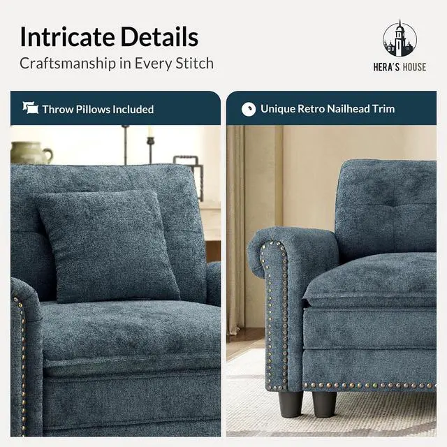 Alt view image 7 of 7 - HERA'S HOUSE 73.2" Modular Loveseat Cloud Couch Deep Seats & Rolled Arms | Mid-Century Modern 2-Seater Loveseat, Cyan, Nailhead Trim, Wider & Deeper Seats, Soft Chenille Sofa for Living Room Bedroom