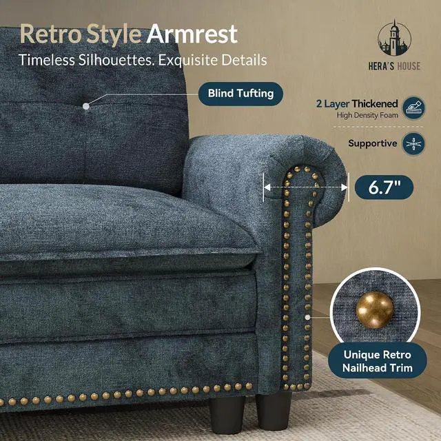 Alt view image 4 of 7 - HERA'S HOUSE Modular Sectional Sofa Set for Living Room 3-Piece Deep Seats | Mid-Century Modern 6-Seater Cloud Sofa Set, Cyan, Rolled Arms & Nailhead Trim, Wider & Deeper Seats, Chenille Furniture Set