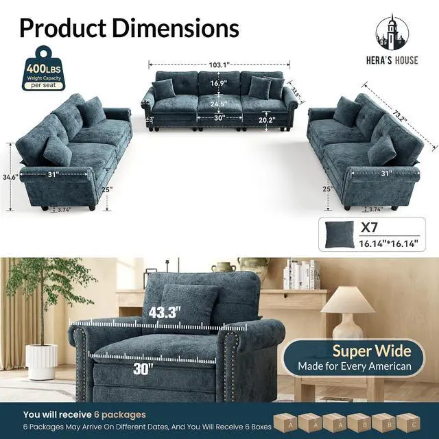 Alt view image 2 of 7 - HERA'S HOUSE Modular Sectional Sofa and Loveseat Set Living Room 3-Piece | Mid-Century Modern 7-Seater Cloud Sofa Set, Cyan, Rolled Arms & Nailhead Trim, Wider & Deeper Seats, Chenille Furniture Set